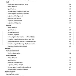 May include: A detailed table of contents from a manual, featuring sections on rolls, impellers, platforms, and electrical systems. The text includes specific procedures like "Removing Upper Roll Arm" and "Adjusting Roll Alignment."