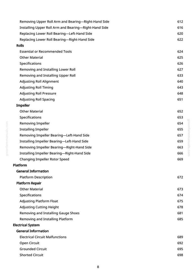 May include: A detailed table of contents from a manual, featuring sections on rolls, impellers, platforms, and electrical systems. The text includes specific procedures like "Removing Upper Roll Arm" and "Adjusting Roll Alignment."