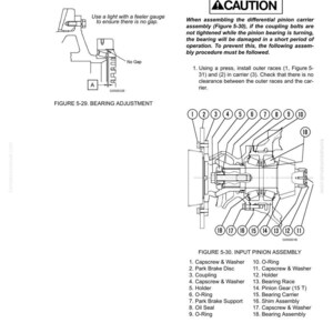 May include: Technical diagram of an input pinion and carrier assembly, with detailed illustrations and labels. Includes a bearing adjustment diagram and a parts list with numbered components like capscrews, washers, and O-rings. Text includes a caution about assembly.