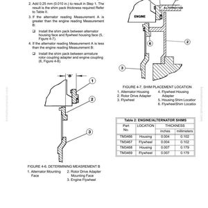 May include: Diagram illustrating shim placement for an engine/alternator system. Includes labeled components like the alternator housing, rotor drive adapter, and flywheel. A table provides shim thickness in inches and millimeters.