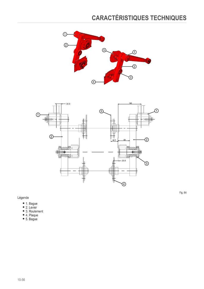 May include: Technical diagram with red and black components, labeled with numbers and French terms. The diagram includes dimensions in millimeters, with a total width of 140 mm. The text "CARACT&Eacute;RISTIQUES TECHNIQUES" is at the top.