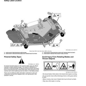 May include: Diagram of a mower deck with safety labels and pictorial safety signs. The image includes warnings about rotating blades and thrown objects, with text and symbols indicating potential hazards and safety instructions.