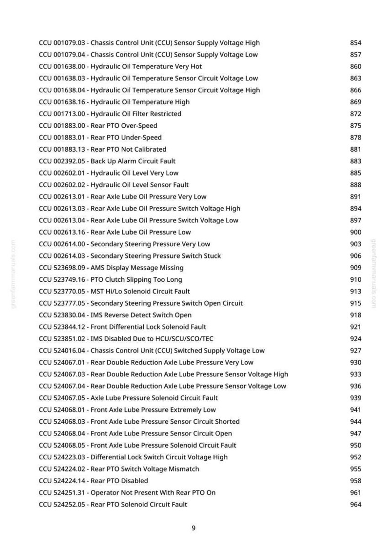 May include: A detailed list of vehicle diagnostic codes and descriptions, including Chassis Control Unit (CCU) and Hydraulic Oil related issues. The document includes codes for sensor faults, pressure issues, and other system malfunctions. The page number is 9.