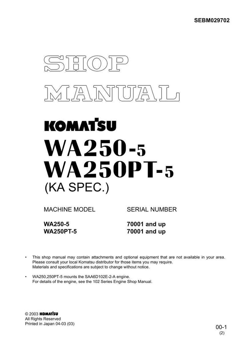 May include: A white shop manual with the text "SHOP MANUAL" in large, outlined letters. Below, the Komatsu logo and model numbers WA250-5 and WA250PT-5 are displayed. The manual includes machine model and serial number information.