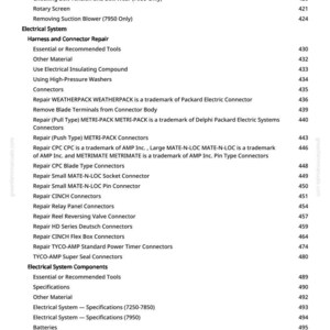 May include: A page from a manual with a list of electrical system repair procedures, including connector repair, battery switch, and component specifications. The text is in black font on a white background.