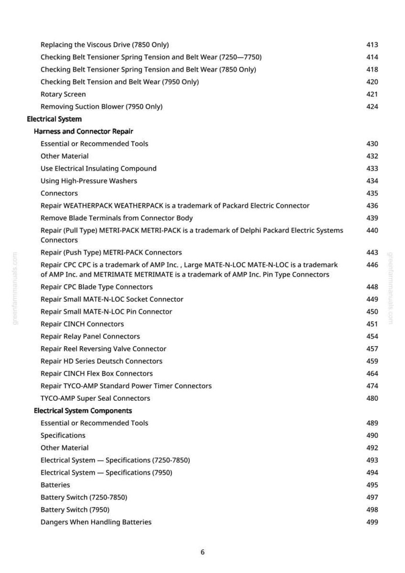 May include: A page from a manual with a list of electrical system repair procedures, including connector repair, battery switch, and component specifications. The text is in black font on a white background.