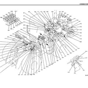 May include: A detailed black and white diagram of a machine's internal components, labeled with numerous lines and identifiers. The diagram includes the text "TROUBLESHOOTING" and "CONNECTOR ARRANGEMENT DIAGRAM".