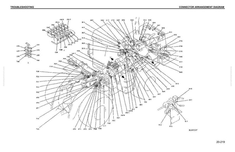 May include: A detailed black and white diagram of a machine's internal components, labeled with numerous lines and identifiers. The diagram includes the text "TROUBLESHOOTING" and "CONNECTOR ARRANGEMENT DIAGRAM".