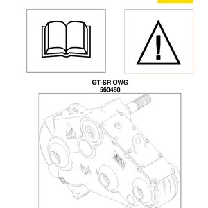 Puede incluir: Diagrama t&eacute;cnico de un componente mec&aacute;nico, con dibujos lineales detallados de engranajes, carcasas y otras piezas. La imagen incluye el texto "GT-SR OWG 560480" y s&iacute;mbolos de advertencia, junto con los logotipos de GKN Walterscheid Getriebe GmbH y Walterscheid.