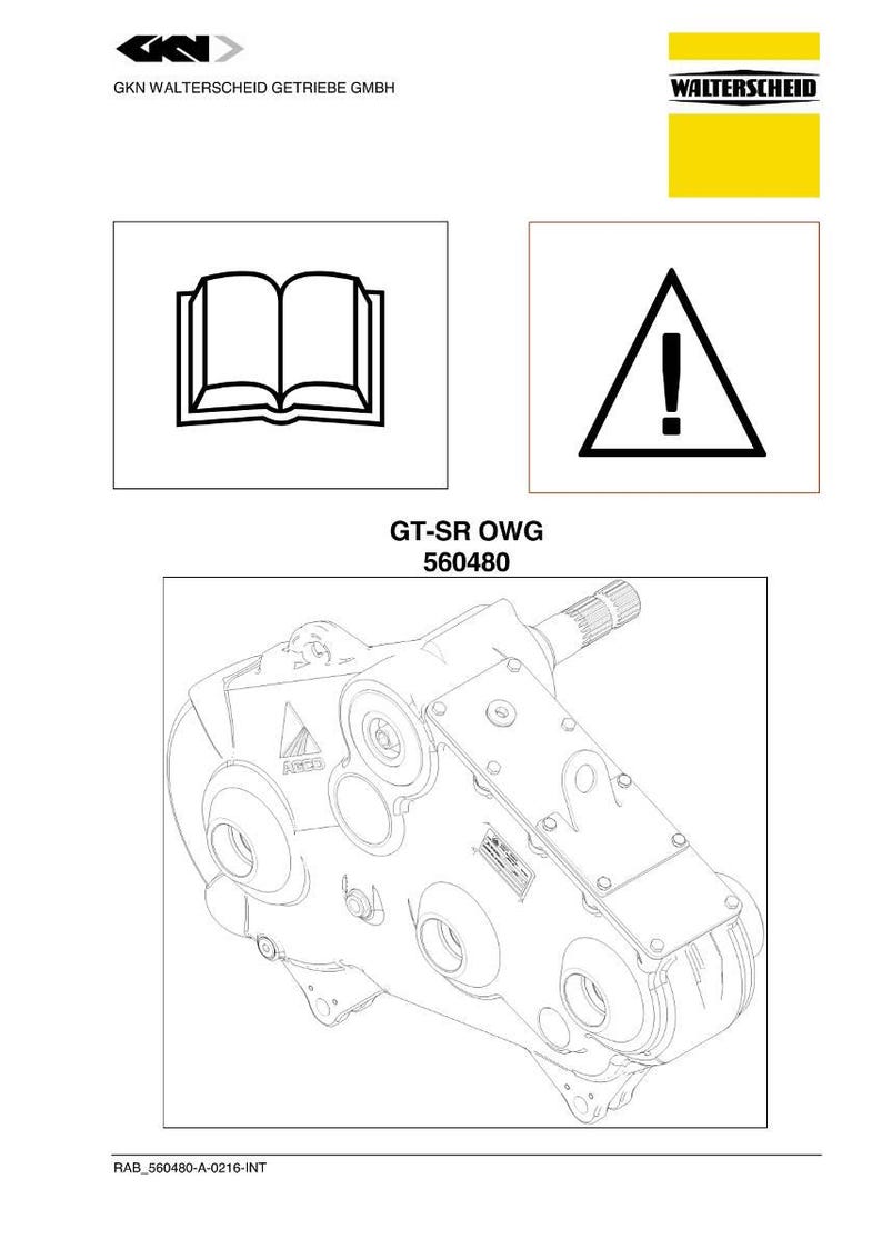 Puede incluir: Diagrama t&eacute;cnico de un componente mec&aacute;nico, con dibujos lineales detallados de engranajes, carcasas y otras piezas. La imagen incluye el texto "GT-SR OWG 560480" y s&iacute;mbolos de advertencia, junto con los logotipos de GKN Walterscheid Getriebe GmbH y Walterscheid.