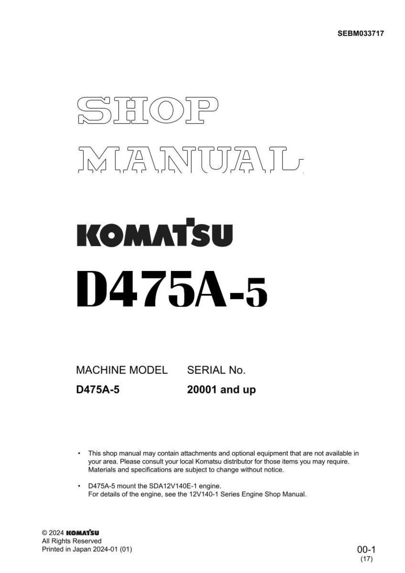 May include: A white shop manual featuring the text "SHOP MANUAL" in a decorative font. The Komatsu logo and "D475A-5" are clearly visible. Includes machine model and serial number details.
