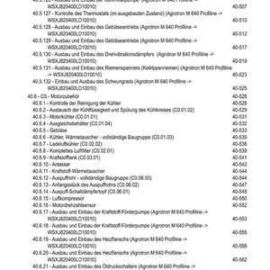 May include: A detailed table of contents in German, listing various components and procedures for a machine or vehicle, including cooling systems, fuel pumps, and thermostats. The document is labeled "INHALT".