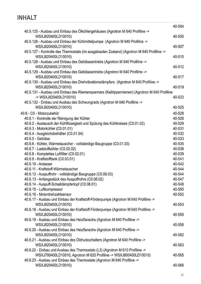 May include: A detailed table of contents in German, listing various components and procedures for a machine or vehicle, including cooling systems, fuel pumps, and thermostats. The document is labeled "INHALT".