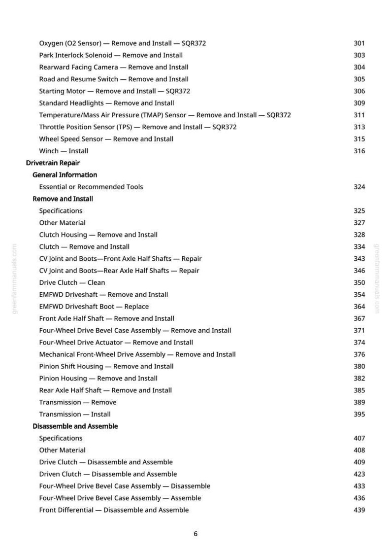 K&ouml;nnte beinhalten: Eine Seite aus einem greenfarmmanuals.com-Handbuch mit Auflistung von Kfz-Reparaturverfahren. Der Text enth&auml;lt Punkte wie "Sauerstoffsensor - Aus- und Einbau" und "Getriebe - Einbau".