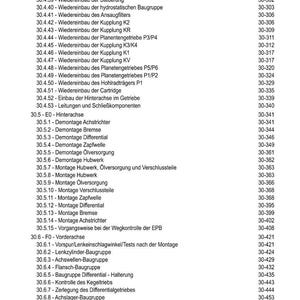 K&ouml;nnte beinhalten: Ein detailliertes Inhaltsverzeichnis in deutscher Sprache, das verschiedene mechanische Komponenten und ihre entsprechenden Seitenzahlen auflistet. Das Dokument enth&auml;lt Begriffe wie "Wiedereinbau" und "Demontage" f&uuml;r Teile wie Pumpen, Kupplungen und Differentiale.