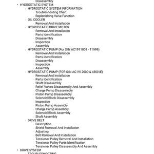 May include: A detailed list of mechanical components and procedures, including "Removal And Installation," "Disassembly," and "Parts Identification." The text covers various systems like "Hydrostatic System" and "Drive Belt."