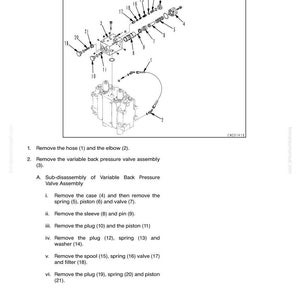 May include: Diagram of a travel control valve assembly, illustrating disassembly steps. The image shows various components, including hoses, plugs, springs, and pistons, with labels for each part. Text at the top reads "DISASSEMBLY AND ASSEMBLY" and "TRAVEL CONTROL VALVE ASSEMBLY".