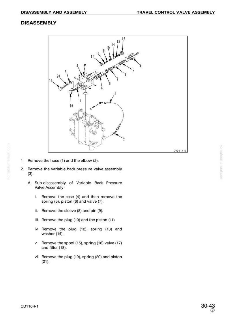 May include: Diagram of a travel control valve assembly, illustrating disassembly steps. The image shows various components, including hoses, plugs, springs, and pistons, with labels for each part. Text at the top reads "DISASSEMBLY AND ASSEMBLY" and "TRAVEL CONTROL VALVE ASSEMBLY".