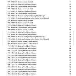 May include: A white page with a list of diagnostic trouble codes for a Closing Wheel Controller (CWC). The codes include system control, air supply, and sensor voltage information, with page numbers on the right.