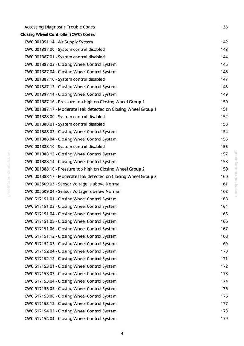 May include: A white page with a list of diagnostic trouble codes for a Closing Wheel Controller (CWC). The codes include system control, air supply, and sensor voltage information, with page numbers on the right.