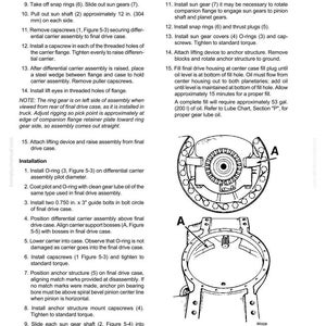 Może przedstawiać: Szczeg&oacute;łowy diagram z instrukcji, zatytułowany &bdquo;RYSUNEK 5-5. INSTALACJA NOŚNIKA MECHANIZMU R&Oacute;ŻNICOWEGO&rdquo;. Obraz zawiera oznaczone części, schematy i instrukcje dotyczące montażu napędu końcowego, z wymiarami w calach i galonach.