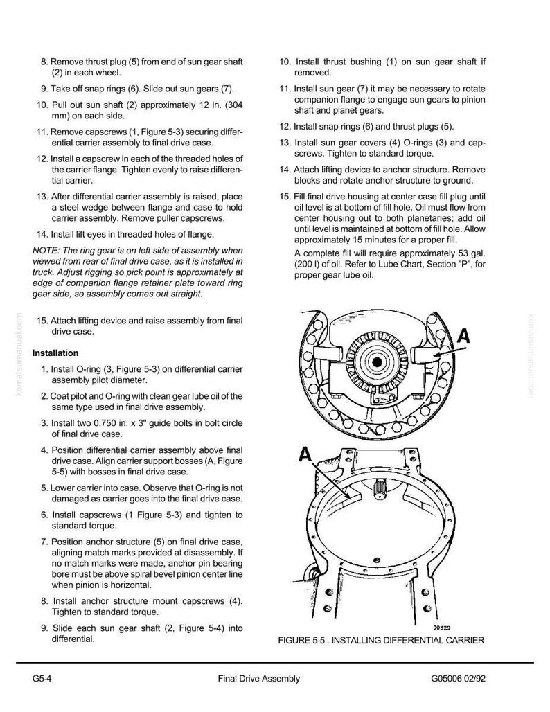 Może przedstawiać: Szczeg&oacute;łowy diagram z instrukcji, zatytułowany &bdquo;RYSUNEK 5-5. INSTALACJA NOŚNIKA MECHANIZMU R&Oacute;ŻNICOWEGO&rdquo;. Obraz zawiera oznaczone części, schematy i instrukcje dotyczące montażu napędu końcowego, z wymiarami w calach i galonach.
