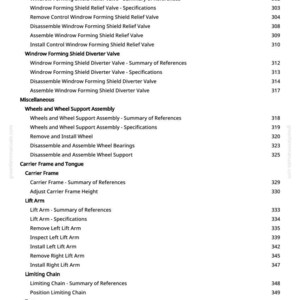 May include: A white page from a manual with a list of mechanical components and their corresponding page numbers. The text includes terms like "Windrow Forming Shield Relief Valve" and "Lift Arm."