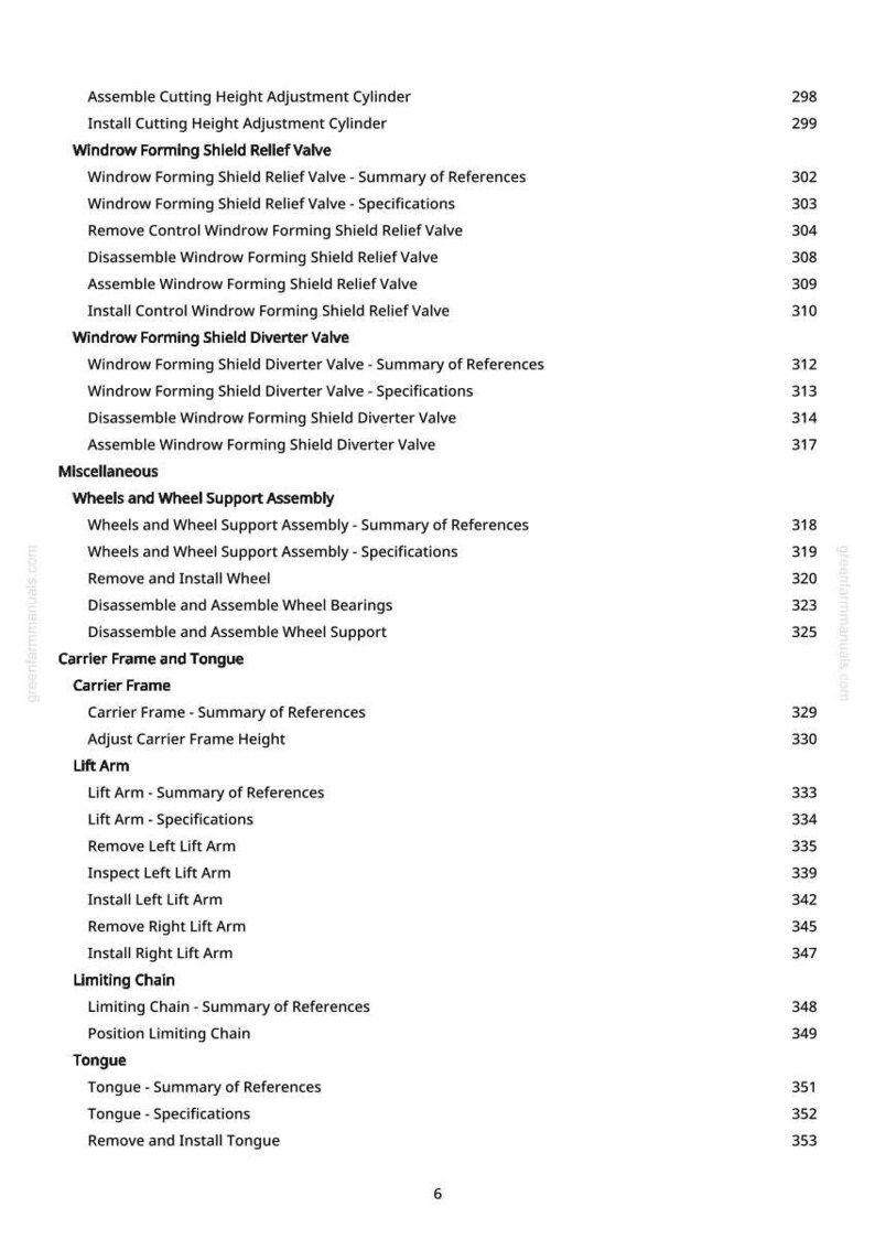 May include: A white page from a manual with a list of mechanical components and their corresponding page numbers. The text includes terms like "Windrow Forming Shield Relief Valve" and "Lift Arm."