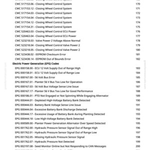 May include: A page from a manual with a list of error codes and descriptions related to agricultural machinery. The codes cover various systems, including closing wheel control and electric power generation.