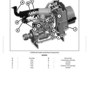 May include: An exploded view diagram of intake and exhaust components, labeled A through L. The diagram includes a vent pipe, hoses, a tube, an exhaust pipe, a turbocharger assembly, an air filter, a radiator, and an oil filter.