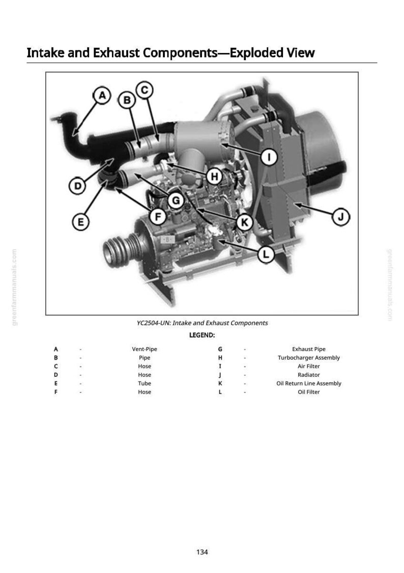 May include: An exploded view diagram of intake and exhaust components, labeled A through L. The diagram includes a vent pipe, hoses, a tube, an exhaust pipe, a turbocharger assembly, an air filter, a radiator, and an oil filter.