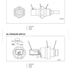 May include: Diagram showing electronic components, including a coolant temperature sensor and an oil pressure switch. Each component is labelled with connector, sensor, and O-ring details. The image includes the text "STRUCTURE AND FUNCTION" and "ELECTRONIC COMPONENTS".