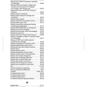 Puede incluir: Una p&aacute;gina de &iacute;ndice de un manual de Komatsu, que enumera varios procedimientos de prueba y componentes. El texto incluye t&eacute;rminos como "testing engine oil pressure", "testing relays" y "work equipment control". La p&aacute;gina est&aacute; etiquetada como "INDEX".