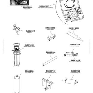 May include: A collection of various mechanical tools and equipment, including a hydraulic tester, inflation kit, nitrogen pressure reducer, and grease cartridge. The image is a technical diagram with labels and part numbers.