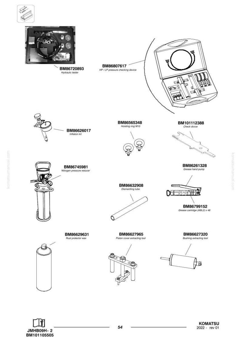 May include: A collection of various mechanical tools and equipment, including a hydraulic tester, inflation kit, nitrogen pressure reducer, and grease cartridge. The image is a technical diagram with labels and part numbers.