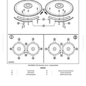 May include: Diagram illustrating the installation of new rotating blades. The image includes detailed views of the blades, connecting plates, and reinforcement straps, with labels and directional arrows for proper assembly. Text reads "Install new rotating blades."