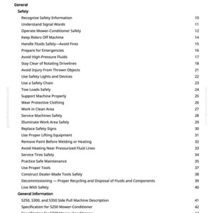 May include: A white page titled "Table of Contents" from a manual. The table lists safety topics like "Handle Fluids Safely" and "Avoid High-Pressure Fluids." The manual covers mower-conditioner operation and maintenance.