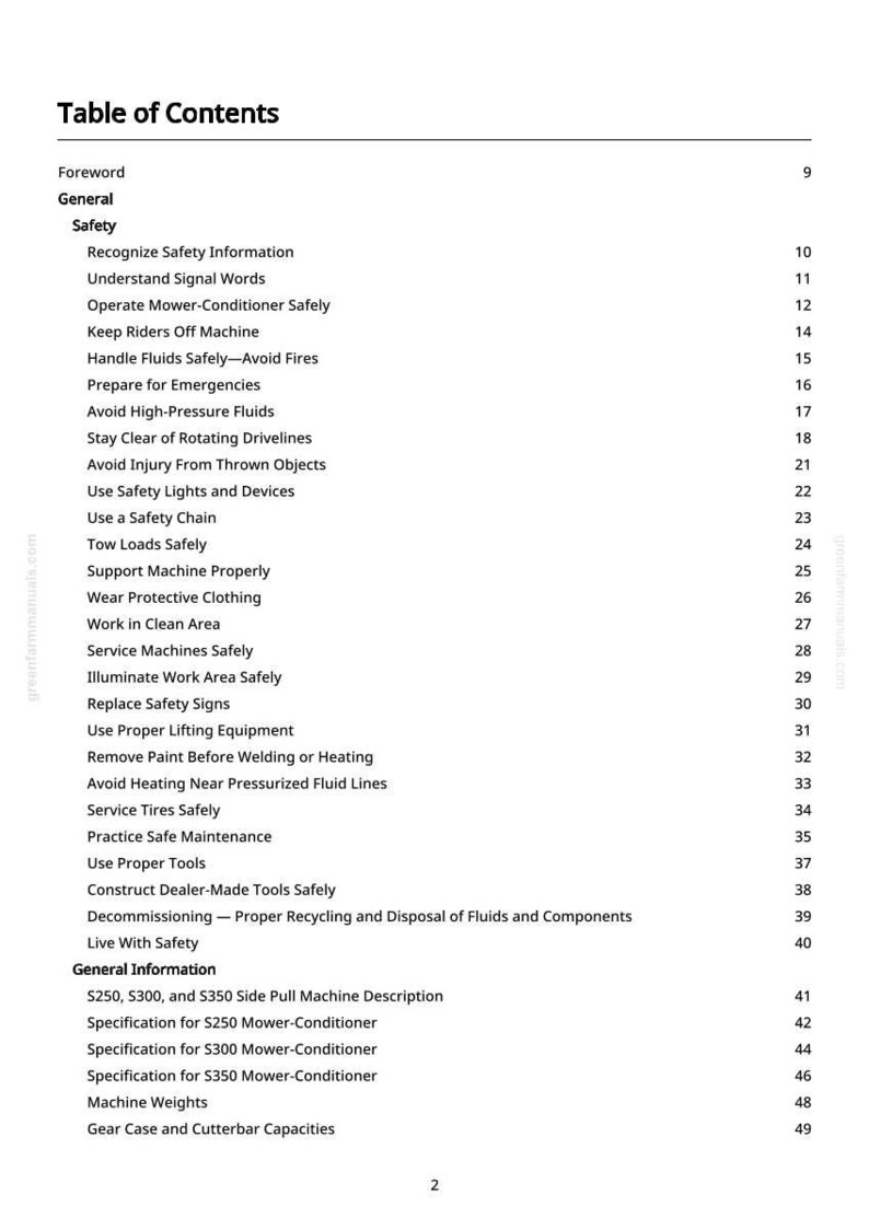 May include: A white page titled "Table of Contents" from a manual. The table lists safety topics like "Handle Fluids Safely" and "Avoid High-Pressure Fluids." The manual covers mower-conditioner operation and maintenance.