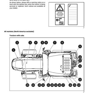 Puede incluir: Diagrama de un tractor con cabina, numerado del 1 al 25. La imagen incluye advertencias de seguridad en varios idiomas, incluyendo "NON USARE, NE PAS UTILISER, NICHT BETREIBEN, NO UTILIZAR."