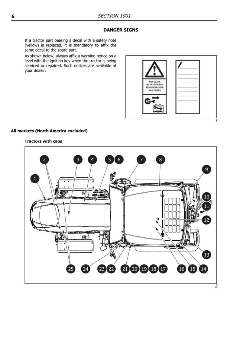 Puede incluir: Diagrama de un tractor con cabina, numerado del 1 al 25. La imagen incluye advertencias de seguridad en varios idiomas, incluyendo "NON USARE, NE PAS UTILISER, NICHT BETREIBEN, NO UTILIZAR."