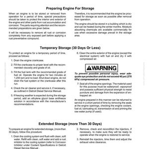 Pu&ograve; includere: Una pagina dettagliata di un manuale di stoccaggio motori Detroit Diesel. Il documento illustra le procedure per la preparazione dei motori per lo stoccaggio temporaneo e prolungato, tra cui lo scarico dei fluidi, la pulizia e la sigillatura delle aperture. Include un avvertimento sulla protezione degli occhi e sulla pressione dell'aria compressa.