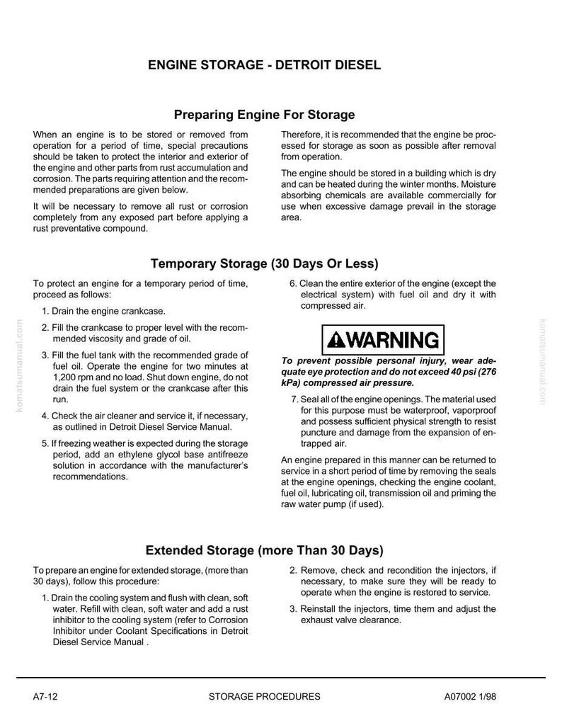 Pu&ograve; includere: Una pagina dettagliata di un manuale di stoccaggio motori Detroit Diesel. Il documento illustra le procedure per la preparazione dei motori per lo stoccaggio temporaneo e prolungato, tra cui lo scarico dei fluidi, la pulizia e la sigillatura delle aperture. Include un avvertimento sulla protezione degli occhi e sulla pressione dell'aria compressa.