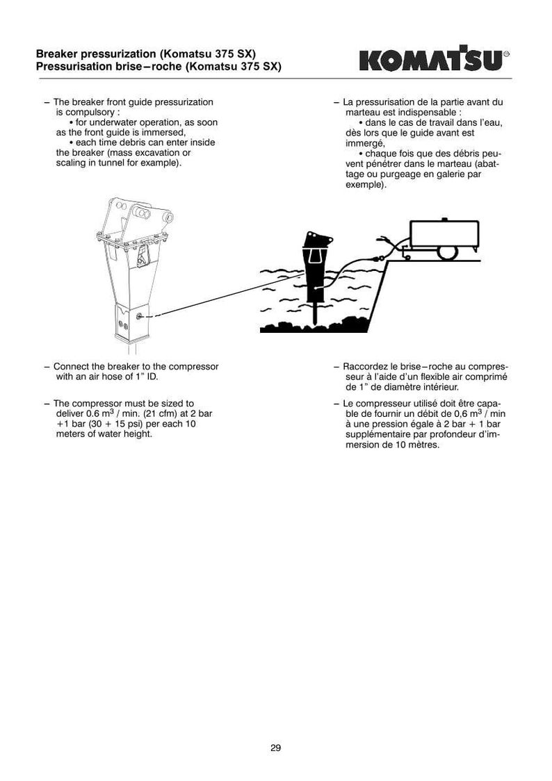 K&ouml;nnte beinhalten: Diagramm des Komatsu 375 SX Brechersystems, das die Druckbeaufschlagung f&uuml;r den Unterwassereinsatz detailliert. Enth&auml;lt Illustrationen des Brechers, Kompressors und zugeh&ouml;riger Komponenten mit Erl&auml;uterungstext.