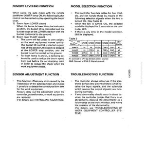 May include: A page from a manual detailing the structure and function of a work equipment control system. The text includes sections on remote leveling, model selection, sensor adjustment, and troubleshooting, with diagrams and tables.