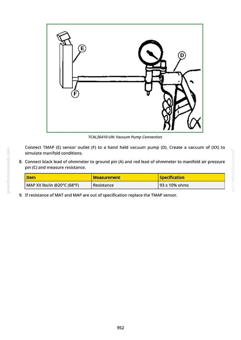 Puede incluir: Diagrama de una conexi&oacute;n de bomba de vac&iacute;o, etiquetado TCAL26410-UN. Muestra c&oacute;mo conectar una salida de sensor TMAP a una bomba de vac&iacute;o manual. Incluye una tabla de medici&oacute;n con especificaciones de resistencia.