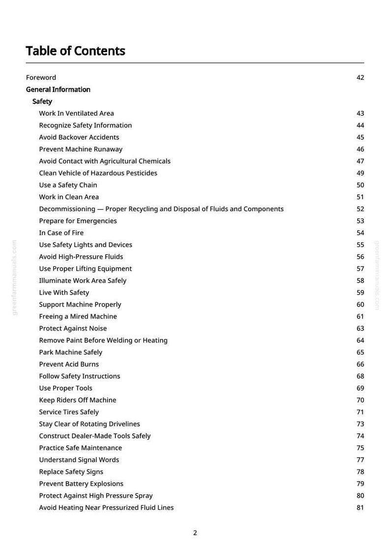 May include: A detailed table of contents from a manual, with a white background and black text. The document lists safety topics such as "Work in Ventilated Area," "Avoid Backover Accidents," and "Prevent Machine Runaway."