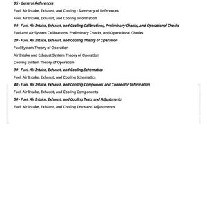 May include: A white page with the title "Fuel, Air Intake, Exhaust, and Cooling - Summary of References." The page lists various topics including "Fuel, Air Intake, Exhaust, and Cooling Information" and "Cooling System Theory of Operation."