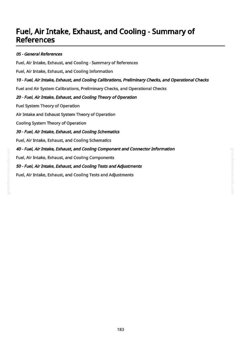 May include: A white page with the title "Fuel, Air Intake, Exhaust, and Cooling - Summary of References." The page lists various topics including "Fuel, Air Intake, Exhaust, and Cooling Information" and "Cooling System Theory of Operation."