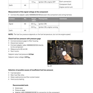 May include: A technical diagram from Fendt detailing the electrical system, including voltage measurements and potential fault causes. The image includes a pressure gauge and a diagram of the tractor's engine.