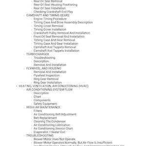 May include: A detailed list of automotive repair procedures, including engine timing, air conditioning system flow, and regular maintenance tasks. The text is in black font on a white background.